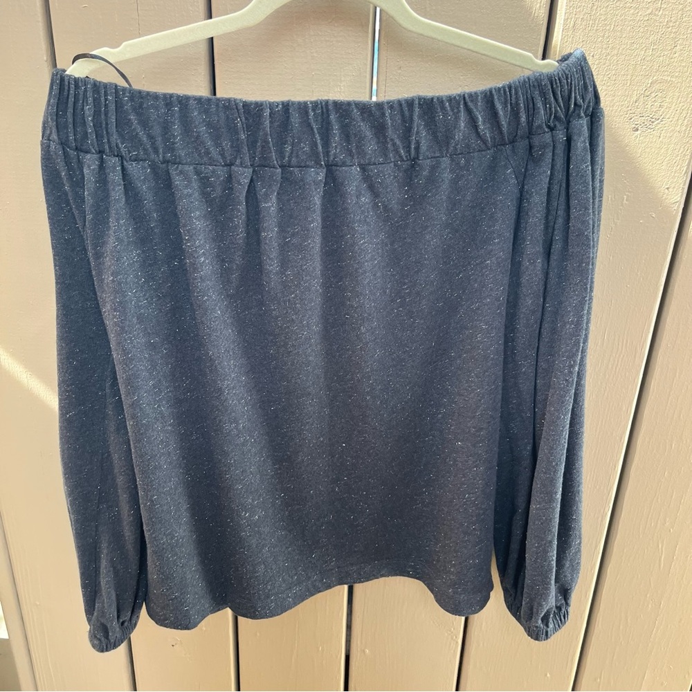 EUC Loft shimmer metallic charcoal off shoulder long blouson sleeve blouse top - Picture 5 of 7